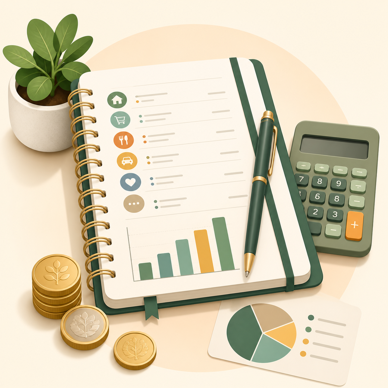 Ilustracja kategorii Finanse osobiste: notes budżetowy, wykres i monety.