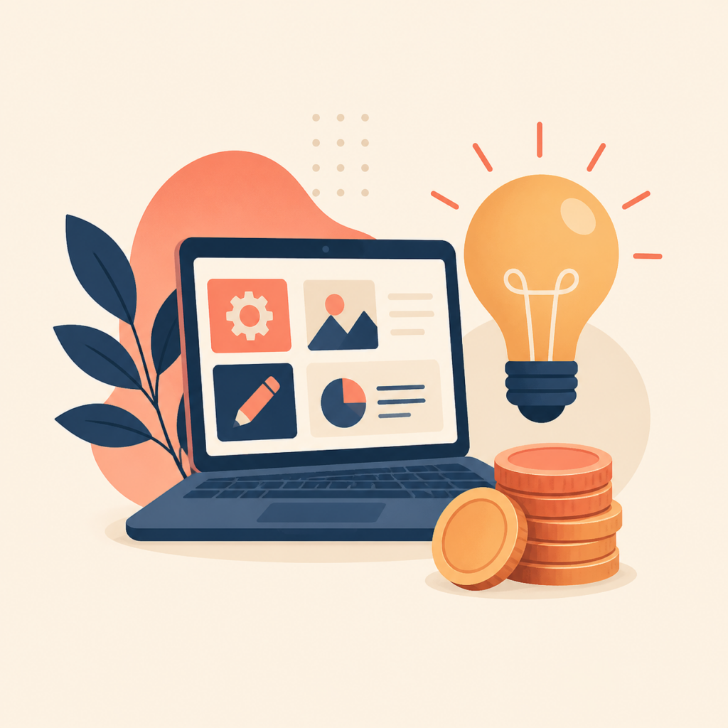 Ilustracja kategorii Dodatkowy dochód: laptop, żarówka i monety.
